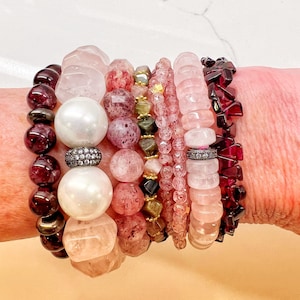 Pink Gemstone Bracelet Stack: Garnet, Strawberry Quartz & Pearl