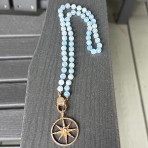 Hand Knotted Aquamarine Necklace: Gold Pave Diamond Clasp, Silk Cord