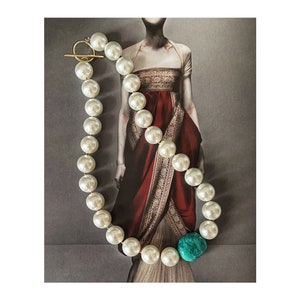 Hand Knotted Mother of Pearl Necklace: Turquoise Gemstone, Gold Clasp