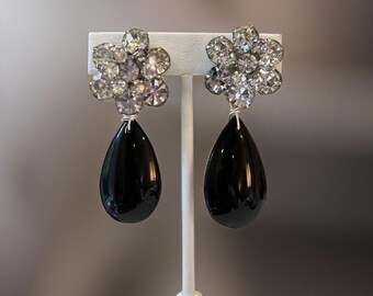 Vintage Rhinestone Clip Earrings: Black Crystal Teardrop Dangle