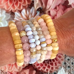 Pastel Gemstone Beaded Bracelets Sold Separately - Gold and Silver Accents - Stackable Beaded Gemstone Stretchy Bracelets