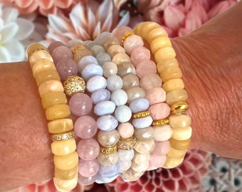 Pastel Gemstone Beaded Bracelets Sold Separately - Gold and Silver Accents - Stackable Beaded Gemstone Stretchy Bracelets