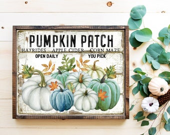 Pumpkin Patch Wood Framed Canvas Sign | Teal Blue White Pumpkin Sign | Fall Wall Decor | Muted Colored Pumpkin Sign | Fall Mantel  Farmhouse