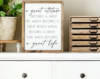 A Great Attitude Becomes A Great Day Wood Framed Canvas Sign | A Great Life Sign | Farmhouse Wall Art | Inspirational & Motivational Quote