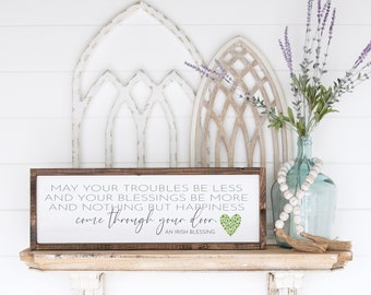 Irish Blessing Wood Framed Canvas Sign | Troubles Be Less and Blessings Be More | Clover Heart Irish Blessing | Irish Livingroom Decor