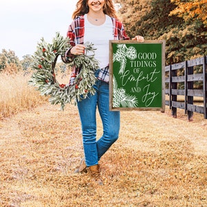 Good Tidings of Comfort and Joy Pine Wood Framed Canvas | Winter Wall Art | Christmas Wall Decor | Christmas Sign | Farmhouse Christmas