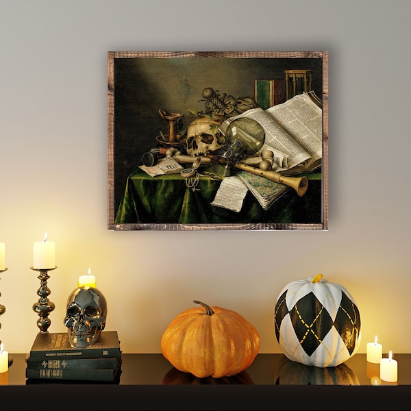 Evert Collier Vanitas Wood Framed Canvas Wall Art | Skull Wall Art | Halloween Decor | Vintage Canvas Wall Art | Macabre Art | Gothic