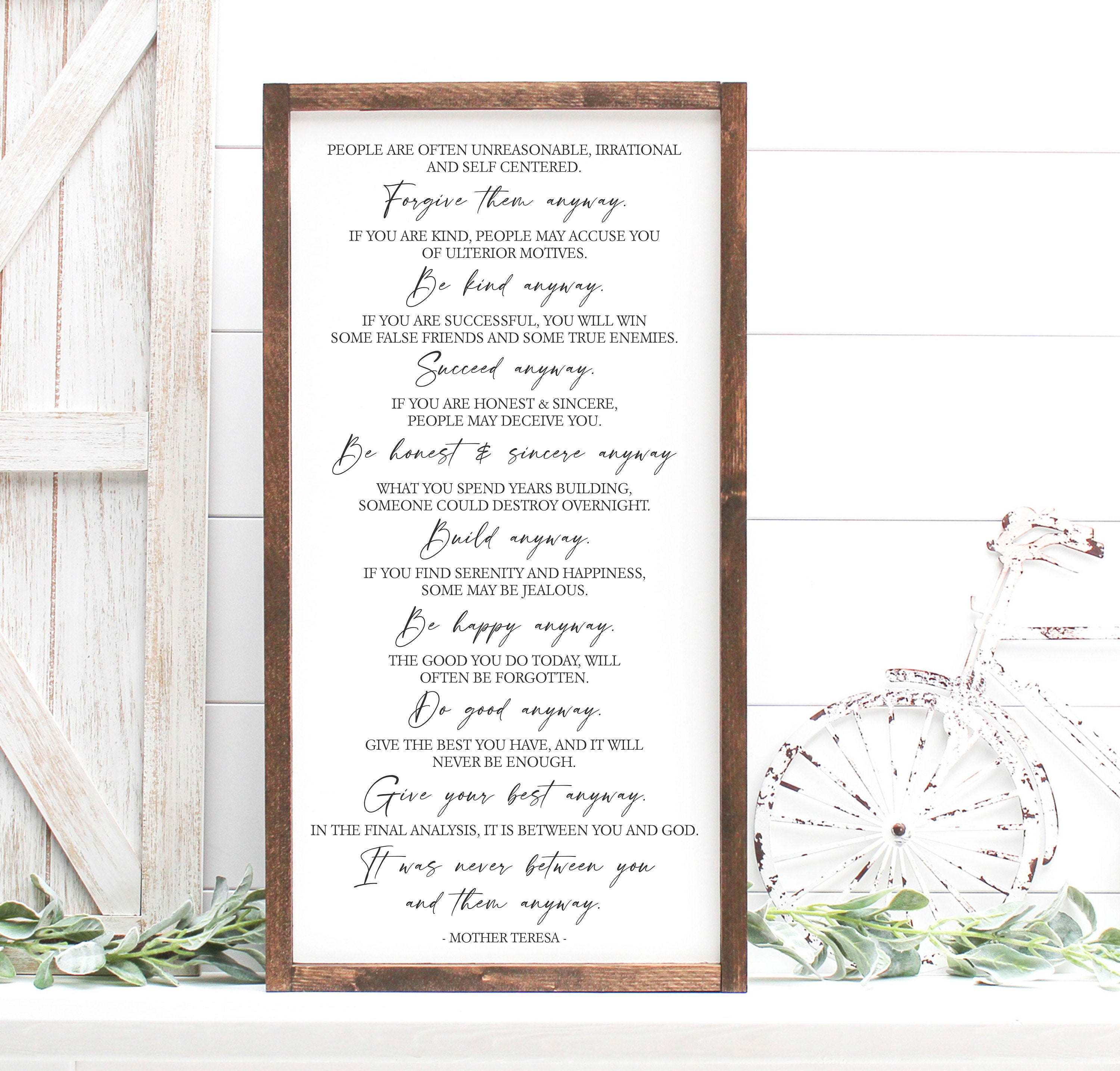 Do It Anyway Mother Teresa Wood Framed Canvas Quote | Forgive Them Anyway | Inspirational Wall Decor | Livingroom Framed Canvas Sign