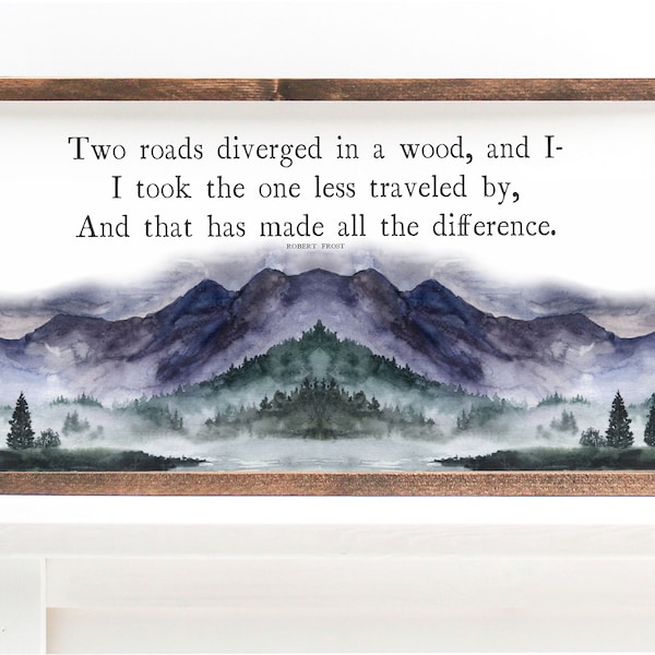 Road Less Traveled by Robert Frost Poem Pine Wood Framed Canvas | Robert Frost Poem Wall Art | Mountain And Forest Wall Art | Wall Decor