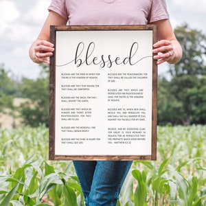 The Beatitudes Matthew 5:3-12 Pine Wood Framed Canvas Sign | Christian Wall Decor | Catholic Wall Art | Scripture Art | Bible Verse Wall Art