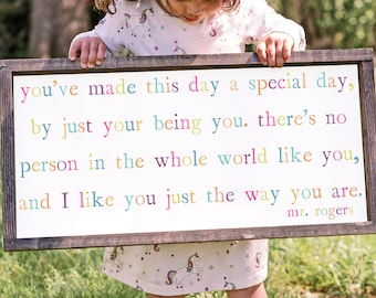 I Like You Just The Way You Are Pine Wood Framed Canvas Sign | Kids Room Wall Art | Mr. Rogers Inspired Canvas Sign | Playroom Decor