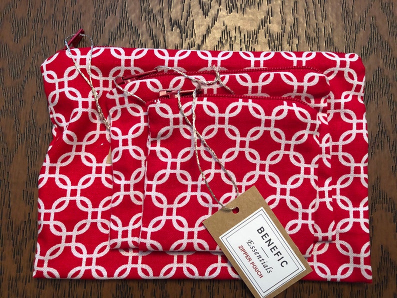 3-Piece RED MOSAIC Zippered Pouch Set Holds Earbuds, Travel Items, Makeup, Change, Phone Chargers and more