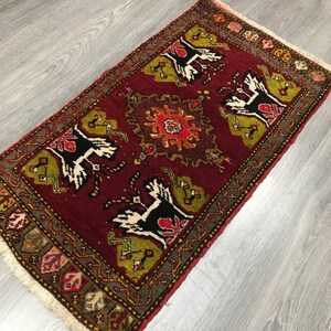 Wool Turkish Small Rug ,Vintage Oushak Rug,Handmade and Handspun wool Anatolian Rug, Authentic Turkish Rug, Red and Purple Color Small Rugs