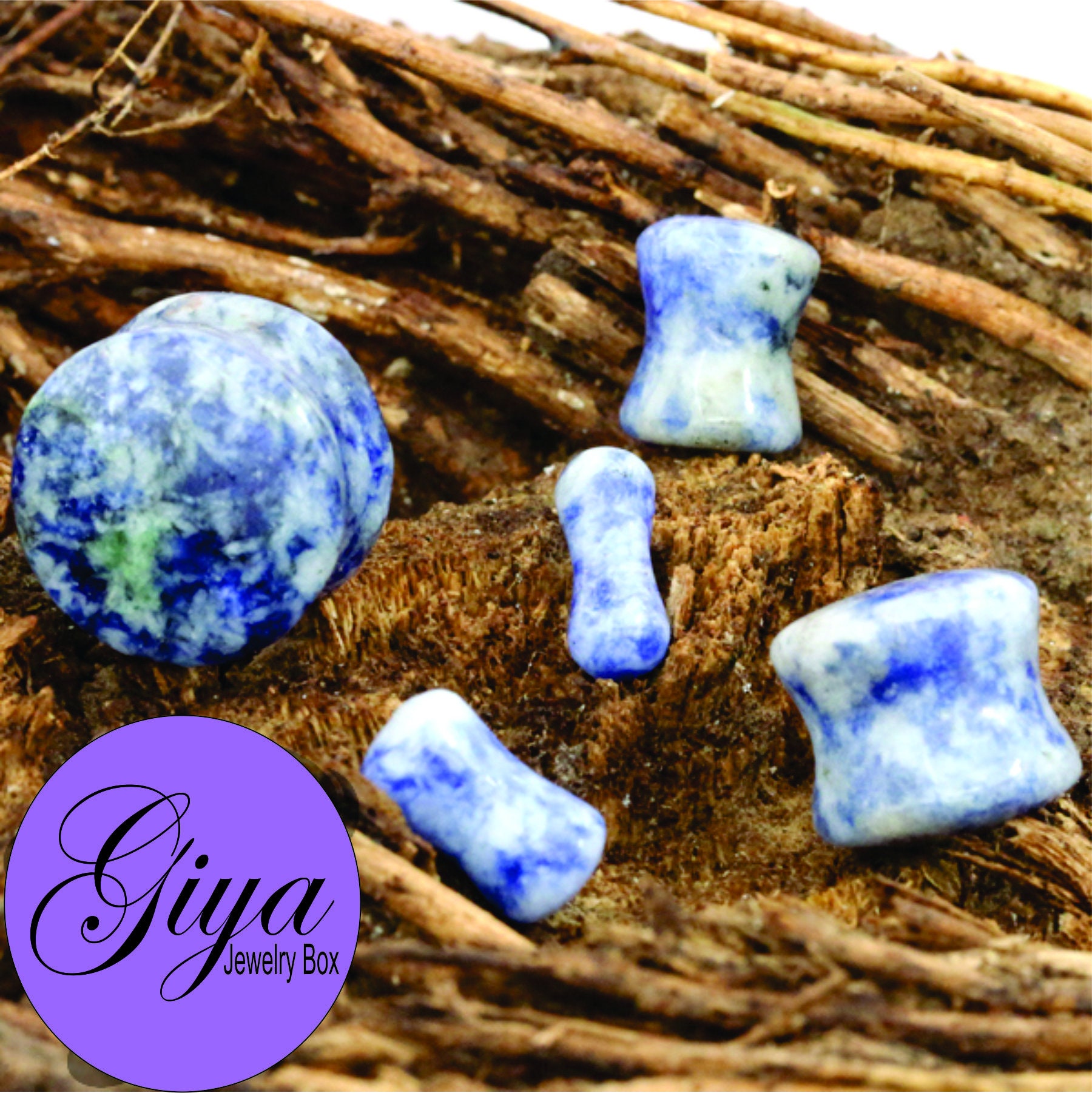 Pair of Sodalite Stone Plugs Sold As a Pair