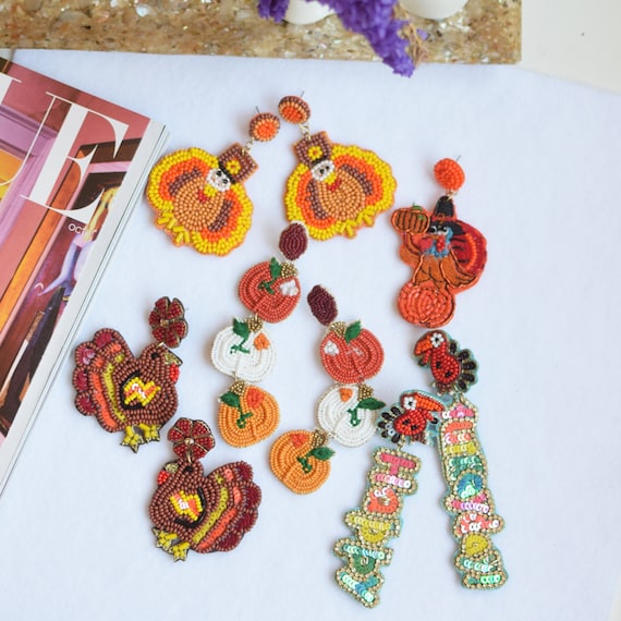 Thanksgiving Dinner Earrings | Thanksgiving Themed Beaded Jewelry | Holiday Season Jewelry, Turkey Season Earring