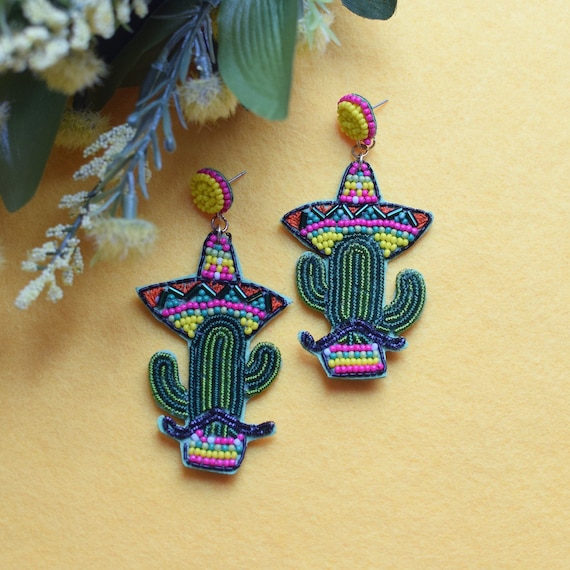 Fiesta Cactus Beaded Earrings, Taco Theme Birthday Party, Margarita, Mexico Trip, Vacation, Cinco De Mayo, Taco Tuesday, Statement Earring
