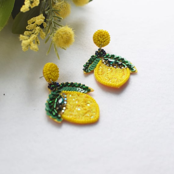 Yellow Lemon Earring, Post Earrings, Beaded Earrings, Gift ideas, Spring Earrings, Summer Earrings, Woman's Earrings, Statement Piece | 281