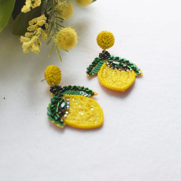 Yellow Lemon Earring, Post Earrings, Beaded Earrings, Gift ideas, Spring Earrings, Summer Earrings, Woman's Earrings, Statement Earrings