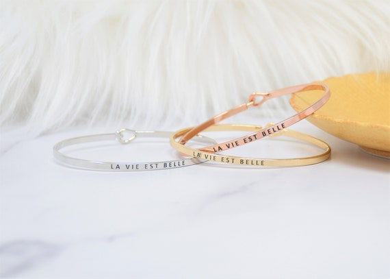 La Vie Est Belle  - Bracelet Bangle with Message for Women Girl Daughter Wife Holiday Anniversary Special Gift