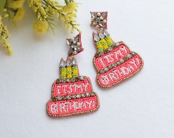 It's My Birthday Pink, Cake Earring, Beaded Earrings, Gift ideas, Birthday Earrings, Happy Earrings, Woman's Earrings, Statement Earrings
