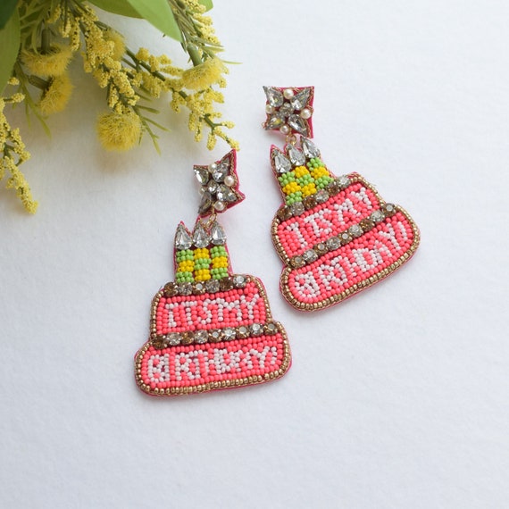 It's My Birthday Pink, Cake Earring, Beaded Earrings, Gift ideas, Birthday Earrings, Happy Earrings, Woman's Earrings, Statement Earrings