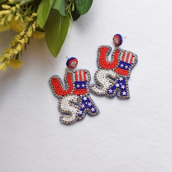 USA Beaded Earrings, Fourth of July Earrings, Patriotic Earrings, 4th of July Party, Military, America, Fourth of July Party Decorations