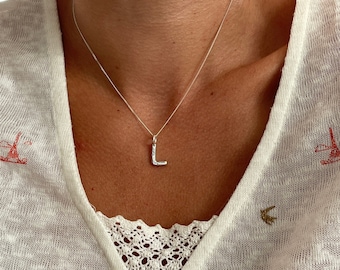 Silver Letter L Necklace - Small Sterling Silver Initial Charm - Sparkly Hammered Texture - Handmade