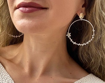 Silver Beaded Hoop Star Earrings | Sterling Silver Disc Stud Earrings | Statement Earrings | Large Big Hoop | Lightweight | Celestial Hoop