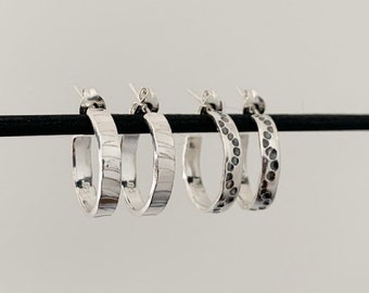 Silver Hoop Earrings - Small Earrings - Classic Solid Chunky Sterling Silver - Hammered  - Sparkly Stripes - Dotty Texture - 15mm - Handmade