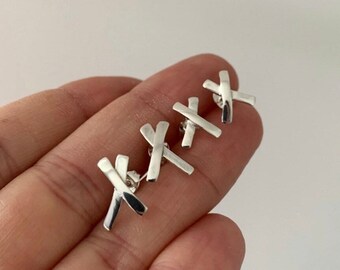 Silver Criss Cross Stud Earrings - Sterling Silver Ear Charms - Handmade Shiny Kiss Studs - 10mm - 15mm