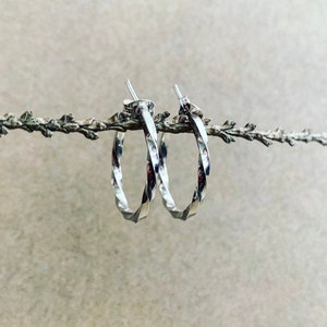 Small Twisted Solid Silver Hoops - Dainty Sparkly Hoop Earrings - Handmade - Minimalist