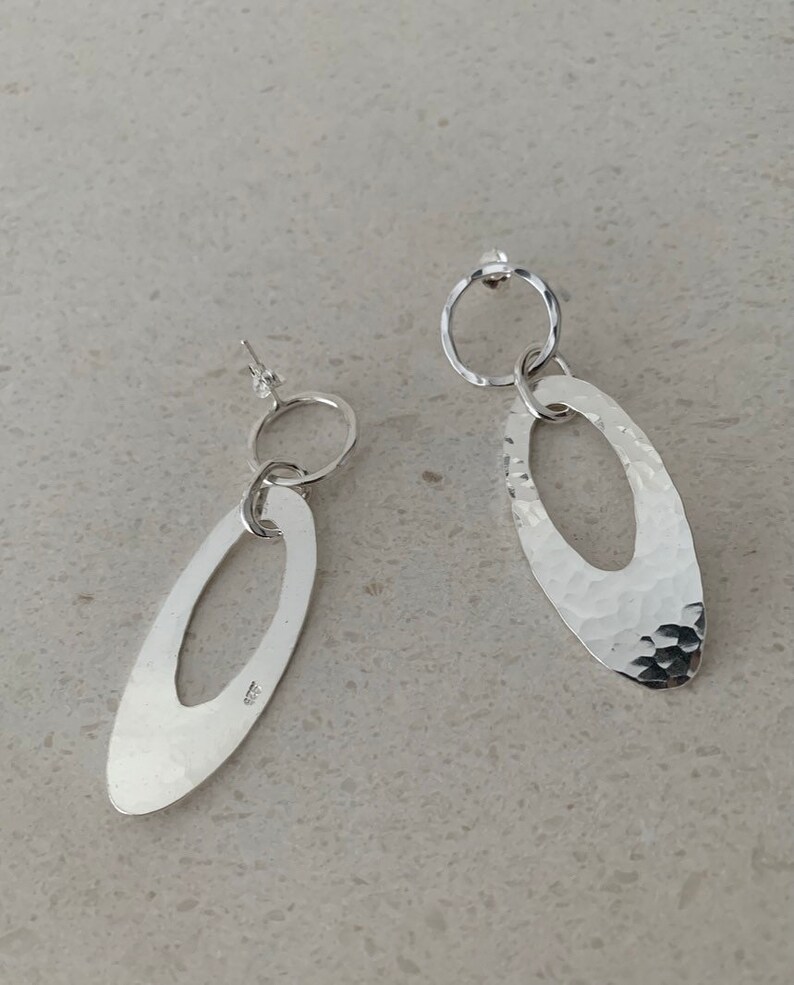 Oval Statement Sterling Silver Earrings Long Oval Handmade Earrings Oval Drop Hammered Oval Earrings Dimples Texture