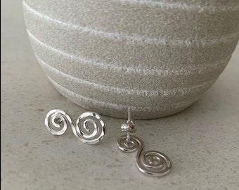 Silver Spiral Stud Earrings - Sparkly Hammered Texture - Solid Sterling Silver - Handmade