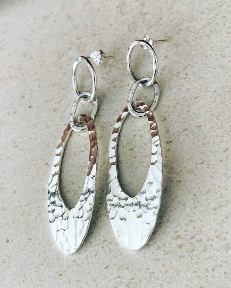 Oval Statement Sterling Silver Earrings Long Oval Handmade Earrings Oval Drop Hammered Oval Earrings Dimples Texture