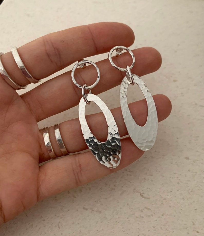 Oval Statement Sterling Silver Earrings Long Oval Handmade Earrings Oval Drop Hammered Oval Earrings Dimples Texture