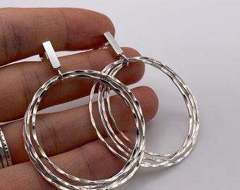 Silver Bar Hoop Earrings - Large Hammered Sterling Silver Circles - Sparkly Shiny Texture - Modern