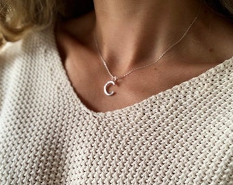 Silver Letter C Necklace -  Handmade Small Initial Sterling Silver Charm -  Hammered Sparkly Alphabet Letters - Personalised