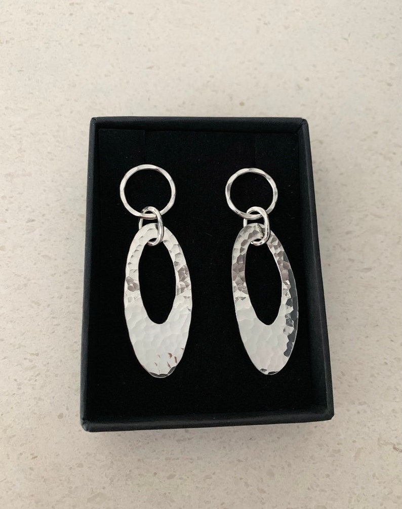 Oval Statement Sterling Silver Earrings Long Oval Handmade Earrings Oval Drop Hammered Oval Earrings Dimples Texture