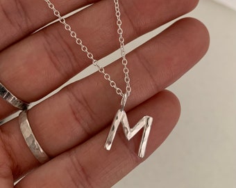 Silver Letter M Necklace - Handmade Small Sterling Silver Initial Charm - Hammered Alphabet Capital Letters