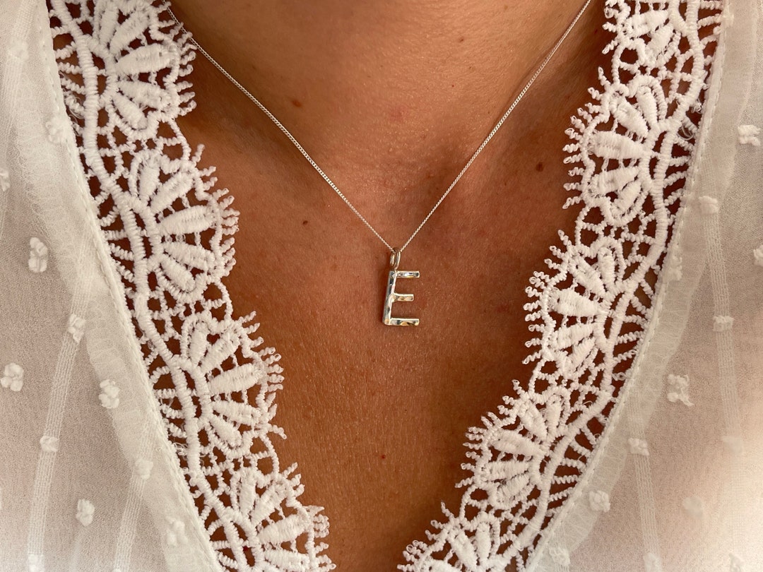 Silver Letter E Necklace Small E Initial Solid Sterling Silver Hammered