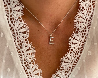 Silver Letter E Necklace - Small E Initial - Solid Sterling Silver - Hammered - Handmade