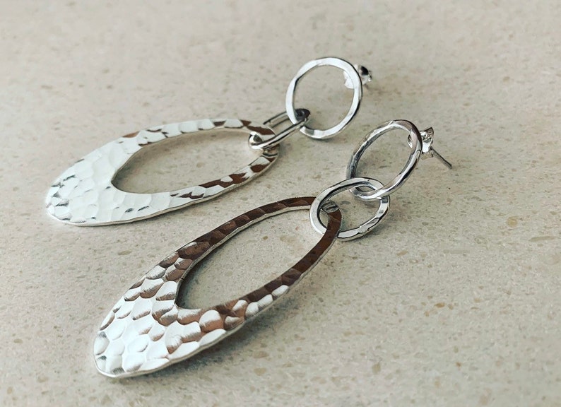 Oval Statement Sterling Silver Earrings Long Oval Handmade Earrings Oval Drop Hammered Oval Earrings Dimples Texture