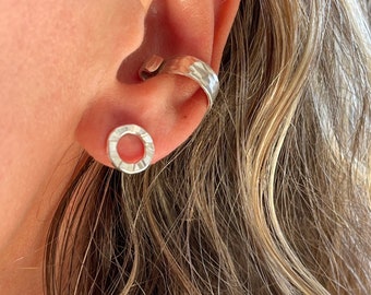 Silver Circle Stud Earrings - Small Sterling Silver Dainty Mini Open Circles - Hammered Organically Shaped Geometric - Handmade