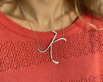 Extra Large Stylish Letter K Necklace - Modern Trendy Silver K Initial - Bespoke Unique Design - Solid Sterling Silver - Handmade