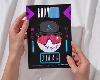 May include: A black baseball-themed birthday invitation with the text "Bday Szn" and "Elijah is 13". The design features a baseball with a cap and pink-tinted sunglasses. The invitation includes date, time, and address details.