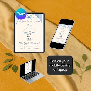May include: A baby shower invitation with a Snoopy graphic, displayed on a tablet, phone, and laptop. The invitation reads "A Little Peanut is on the Way" and includes event details. A black box encourages editing on mobile devices or laptops.