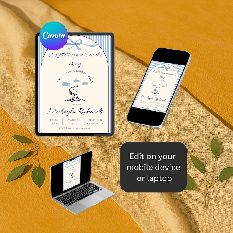 May include: A baby shower invitation with a Snoopy graphic, displayed on a tablet, phone, and laptop. The invitation reads "A Little Peanut is on the Way" and includes event details. A black box encourages editing on mobile devices or laptops.