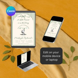 May include: A baby shower invitation design with the text "A Little Peanut is on the Way" and a Snoopy illustration. The design is shown on a tablet, phone, and laptop, with the text "Edit on your mobile device or laptop".