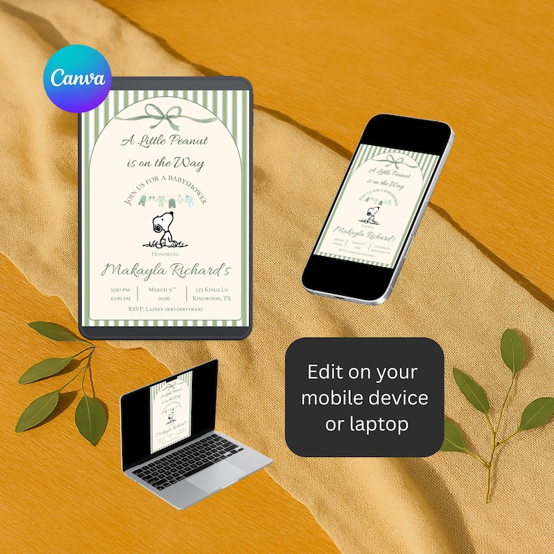 May include: A baby shower invitation design with the text "A Little Peanut is on the Way" and a Snoopy illustration. The design is shown on a tablet, phone, and laptop, with the text "Edit on your mobile device or laptop".