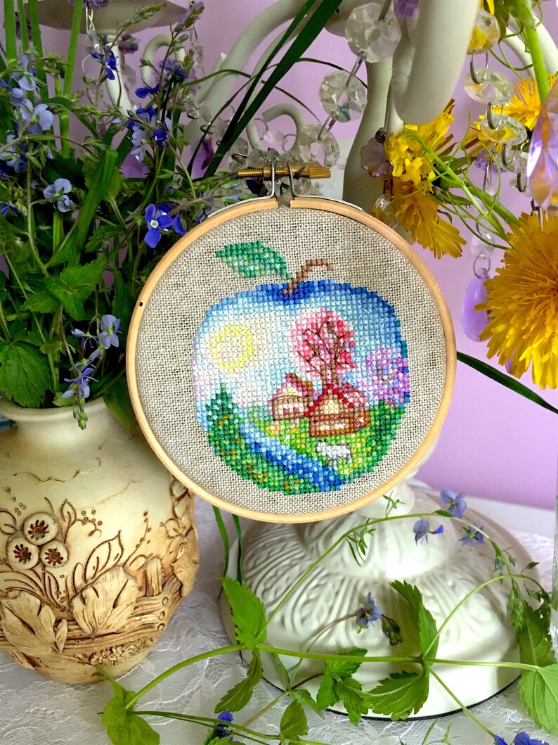 Spring in an apple Cross stitch pattern Modern Embroidery Etsy